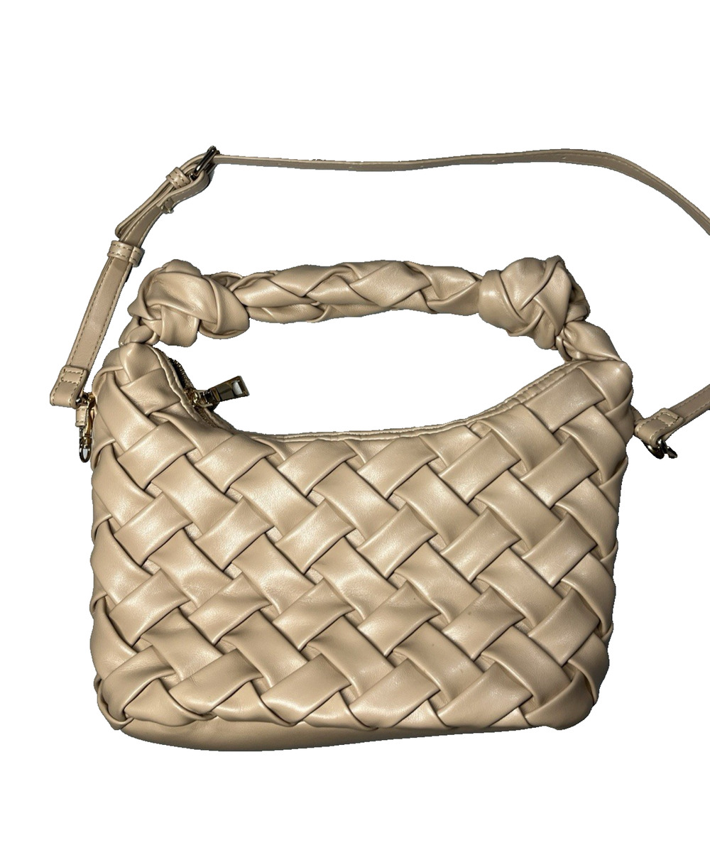 Urban Expressions Basket Weave Shoulder Bag Nude Tan Beige Puff Small Zip Top